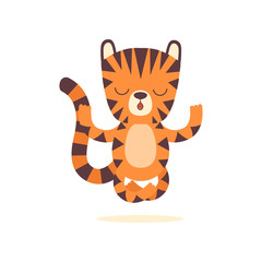 Fototapeta na wymiar Cute Little Tiger Meditating in Lotus Position, Adorable Wild Animal Cartoon Character Vector Illustration