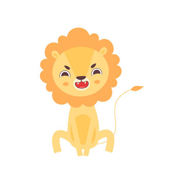 Cute Angry Lion Roaring, Funny African Animal Cartoon Character Vector Illustration
