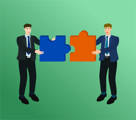 Businessman success connect two piece puzzle , teamwork concept