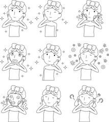 Illustration of a cute lady who is washing the face as after bathing outline set