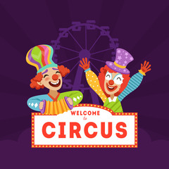 Welcome to Circus, Circus Banner Template with Funny Clowns Vector Illustration