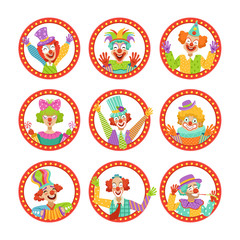 Clown Faces Set, Funny Circus Characters Vector Illustration