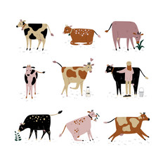 Cattle Breeding Farming, Dairy Cattle, Cows of Different Breeds Set Vector Illustration