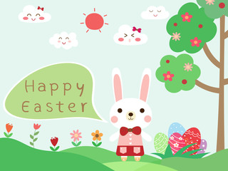 Cute rabbit girl and text happy easter on green grass with colorful easter eggs, tree, blue sky background with smile cloud and sun. Hand drawn illustration vector wallpaper on spring holiday in April