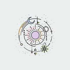 Fototapeta premium Vintage illustration of thin line sun of sacred.