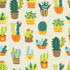 Seamless Pattern of Cactuses with Pot in Doodle Style.