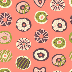 Vector Seamless Pattern with Glazed Donuts. Vector Doodle Illustration.