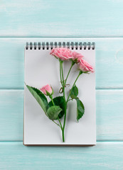 Pink roses and notebook on wooden background