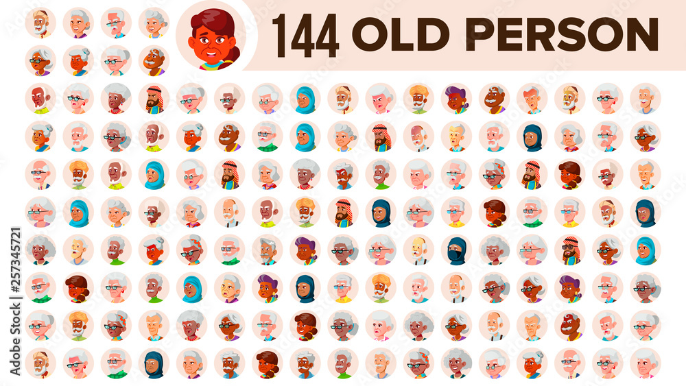 Wall mural old people avatar set vector. multi racial. face emotions. multinational user person portrait. elder