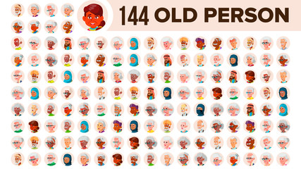 Old People Avatar Set Vector. Multi Racial. Face Emotions. Multinational User Person Portrait. Elderly Male, Female. Ethnic. Icon. Asian, African, European, Arab. Flat Illustration - obrazy, fototapety, plakaty