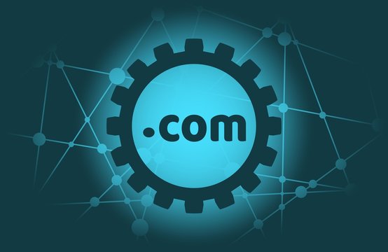 Dot com domain name. Internet and web telecommunication concept. Molecule And Communication Background. Connected lines with dots.