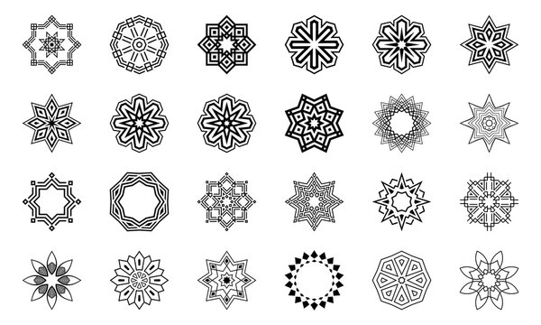 Set of abstract geometric symmetric center shapes.  Design elements, ornaments. Vector monochrome illustration.
