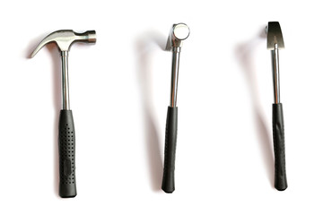 Traditional curved-claw hammer tool with black plastic handle viewed from the side horizontally.