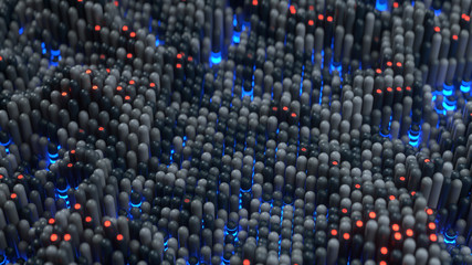 Obraz premium Waving black array with glowing elements 3D render