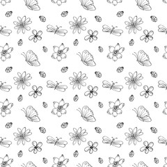 illustration of black and white pattern nature plants flowers insects