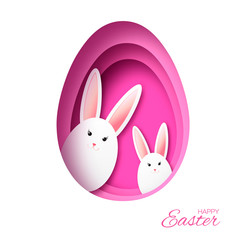 Happy Easter Greeting card with paper cut bunny rabbit.origami pink Egg shape frame. Place for text.