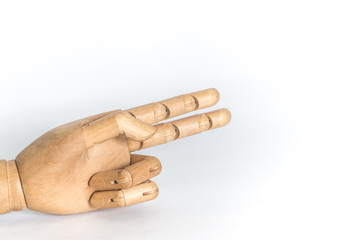Wooden hand on a white background. With copyspace.