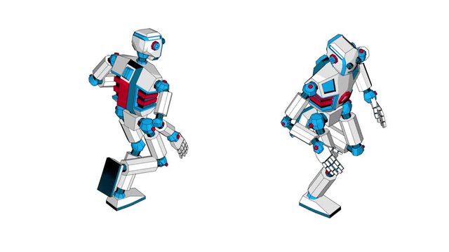 Running a fantastic humanoid robot. Isometric 3D view. looped animation with alpha channel.