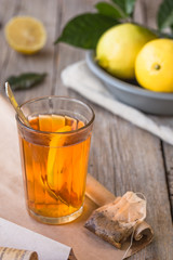 Tea in a glass cup lemon  , retro 