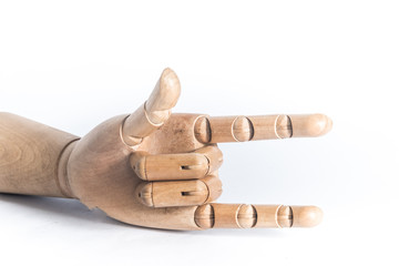 Wooden hand on a white background. With copyspace.