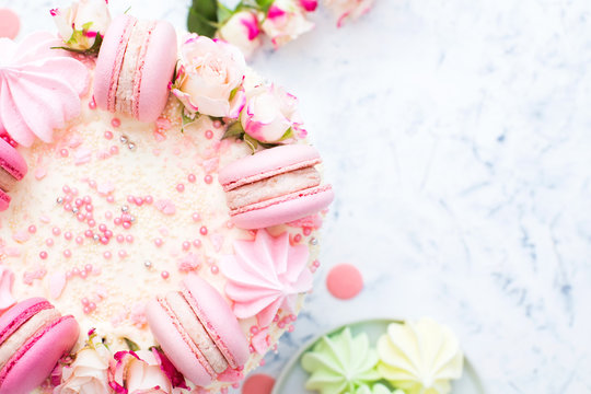 Wedding White Cake With Macarons And Roses, Top View