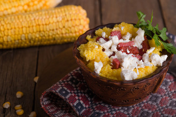 Banosh - Ukrainian Hutsul meal (maize porridge) with bacon cracklings and cheese