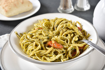 Bowl of basil pesto linquine