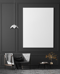 Mock up poster frames in scandinavian style interior with arcmhair. Minimalist interior design. 3D illustration.