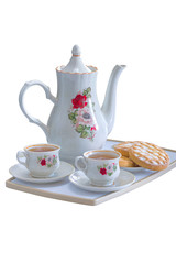 a tray with two cups of tea and tea biscuits, isolate on white background