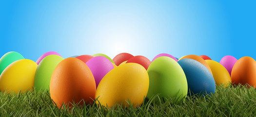 colorful Easter eggs green grass light blue 3d-illustration