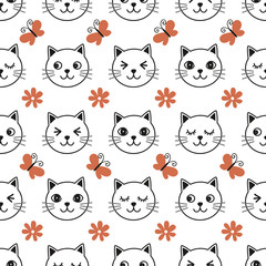 Seamless cat pattern. White background. Vector illustration.