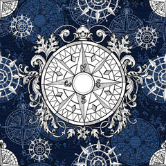 Seamless pattern with old victorian baroque compass silhouettes on blue texture. Graphic nautical illustration, historical adventure concept, vintage transportation background
