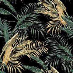 Behang Palmbomen Tropische bananenbladeren naadloze zwarte achtergrond