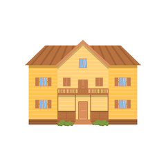 Wooden modern two-story house with huge facade balcony above entrance door