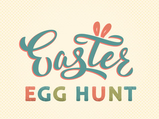 Easter egg hunt text hand lettering in vintage style. Easter sign with bunny ears. For Easter egg hunt logotype, badge, postcard, card, invitation, poster, banner, email.  Vector season greeting.
