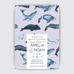 Wedding Card with whale. Colorful vector illustration with wildlif animals. Save the date invitation.