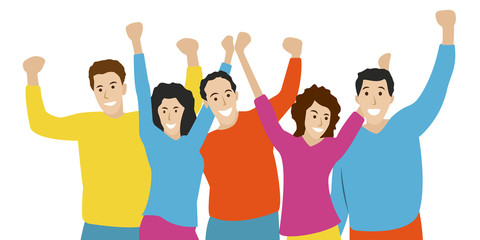 Fototapeta premium Happy people standing together and embracing each other. Group portrait of friends. Smiling and lathing men and women rising Hands up. Friendship, celebration, joy and fun concept. Vector illustration