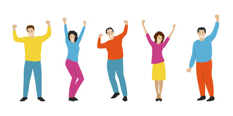 Happy people set in flat style. Smiling and laughing Men and woman rising Hands up. Dancing persons. Party, success, friendship, celebration, joy and fun concept. Vector illustration.