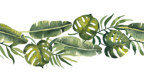Tropic watercolor green banana leaves, coconut palm leaves, monstera. Horizontal seamless pattern