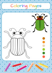 Funny little beetle. Copy the picture. Coloring book. Educational game for children. Cartoon vector illustration