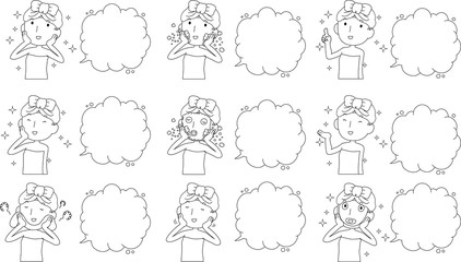 Illustration of a cute lady who is washing the face as after bathing with Bubble Callout outline set