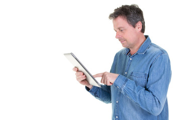 Man handsome holding tablet in white background and copy space