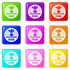 Vegetarian food icons set 9 color collection isolated on white for any design