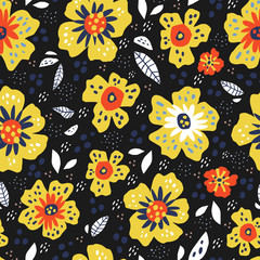 Flowers with leaves retro seamless pattern