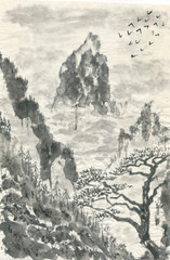 Mountain landscape in the fog. Chinese pine.  Watercolor and ink illustration in style sumi-e, u-sin, go-hua. Oriental traditional painting. Monochrome