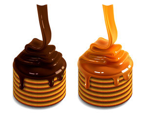 Two piles of waffles poured with caramel and chocolate.  3D vector. High detailed realistic illustration,
