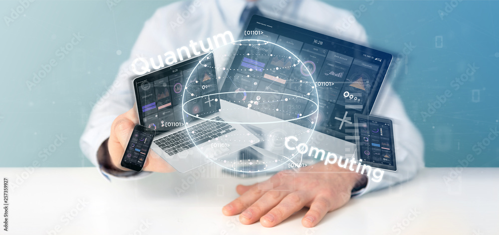 Poster businessman holding quantum computing concept with qubit and devices 3d rendering