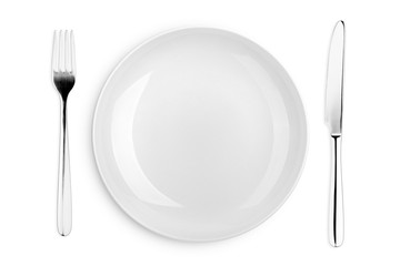 Empty plate, fork, knife, clipping path, white background, isolated, top view