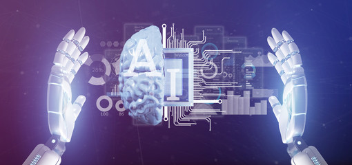 Cyborg hand holding artificial intelligence icon with half brain and half circuit 3d rendering