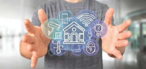 Businessman holding Smart home interface with icon, stats and data 3d rendering